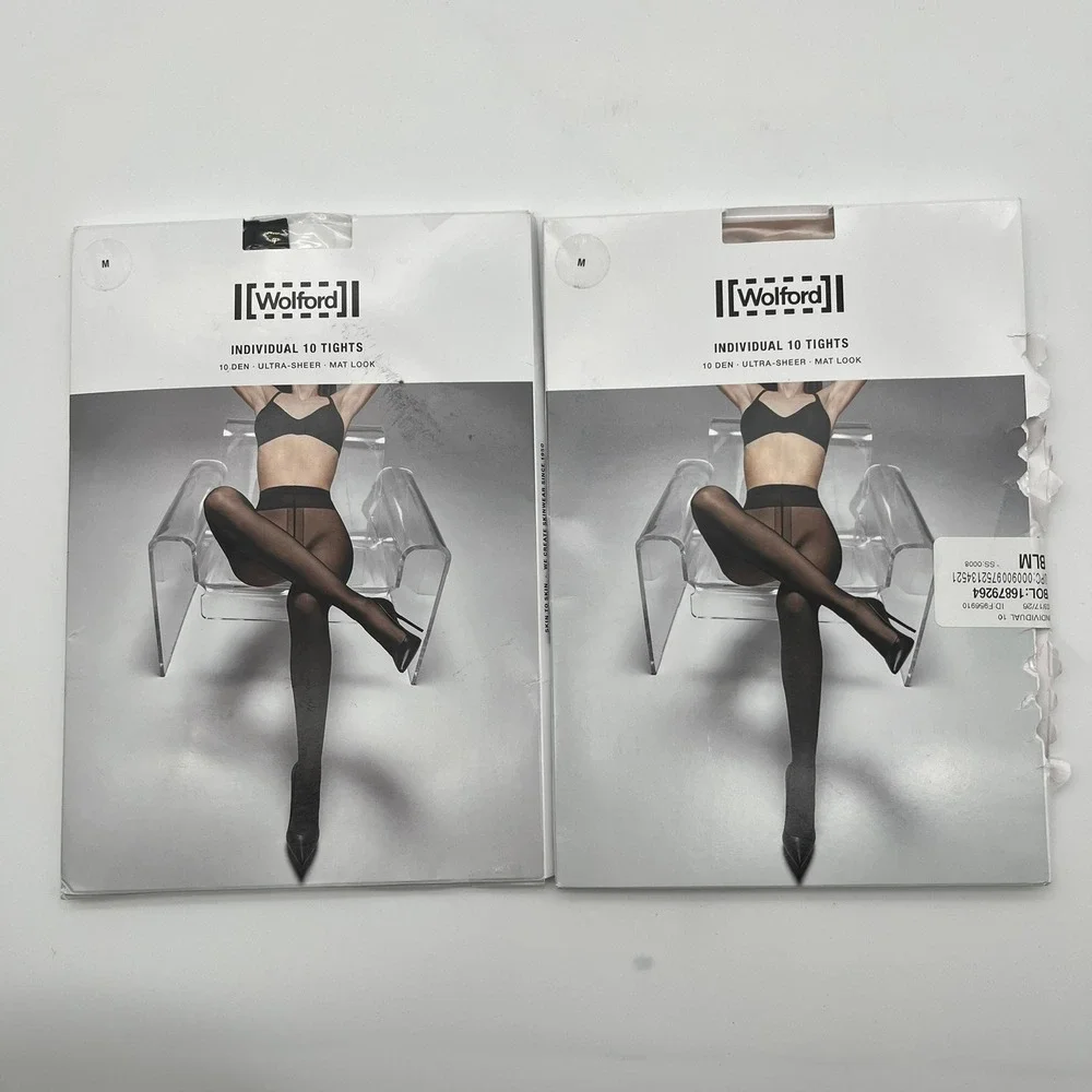 Wolford Tights Womens M‎ Black & Fairly Light Individual 10 Ultra Sheer Mat 2 Pk